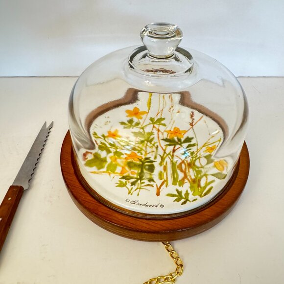 Goodwood Vintage Cheese Tray Wood Tile with Knife Chain Dome Yellow Green - Picture 2 of 12